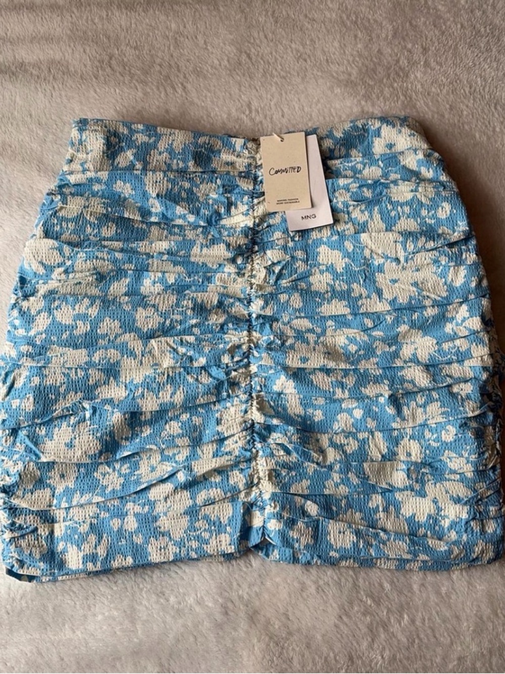 Mango Blue & White Floral Ruched Mini Skirt